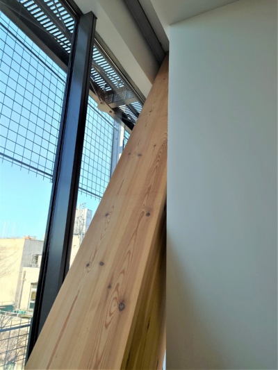 建物正面のファサードは、外側から順に金網フェンス、ガラス窓、木ブレースと白い柱で構成している(写真:日経クロステック)