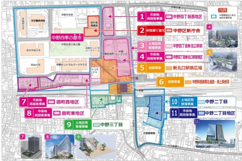中野駅を挟んで南北の両サイドで、大規模な再開発が幾つも進行する。JR中野駅も生まれ変わる。2022年12月時点の資料（出所：中野区）