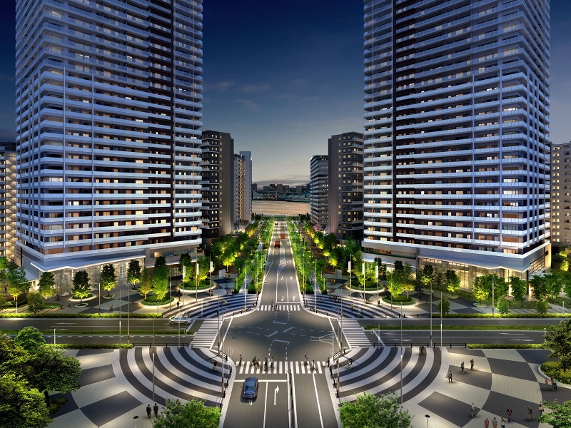 湾岸「最前列」に立つハルミフラッグ50階タワー2棟「SKY DUO」、23年6月販売開始