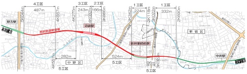 「西武新宿線(中井駅―野方駅間)連続立体交差事業」の各工区(出所:西武鉄道)