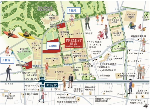 「東京・昭島 モリパーク」内に初めて分譲マンションができる。A～C敷地に合計3棟が建つ（出所：大和ハウス工業）