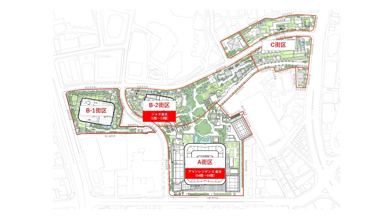 麻布台ヒルズの配置図。A、B、Cの3つの街区で構成し、真ん中の「中央広場」で3街区をつなぐ。街区全体の広さは約8.1ヘクタール（出所：森ビル）