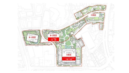 麻布台ヒルズの配置図。A、B、Cの3つの街区で構成し、真ん中の「中央広場」で3街区をつなぐ。街区全体の広さは約8.1ヘクタール(出所:森ビル)