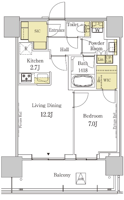 1LDKの住戸間取り図の例。専有面積は50.73m2、バルコニー面積は約12m2。バルコニーの奥行きは約2mある。バルコニー側の柱を部屋の中に入れず、凹凸が少ない居住空間にしている（出所：事業主10社）
