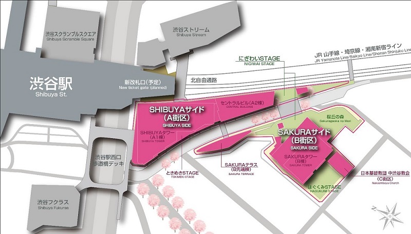 渋谷サクラステージは「SHIBUYAタワーとセントラルビル」「SAKURAタワーとSAKURAテラス」「日本基督教団中渋谷教会」の合計3棟で構成（出所：東急不動産）