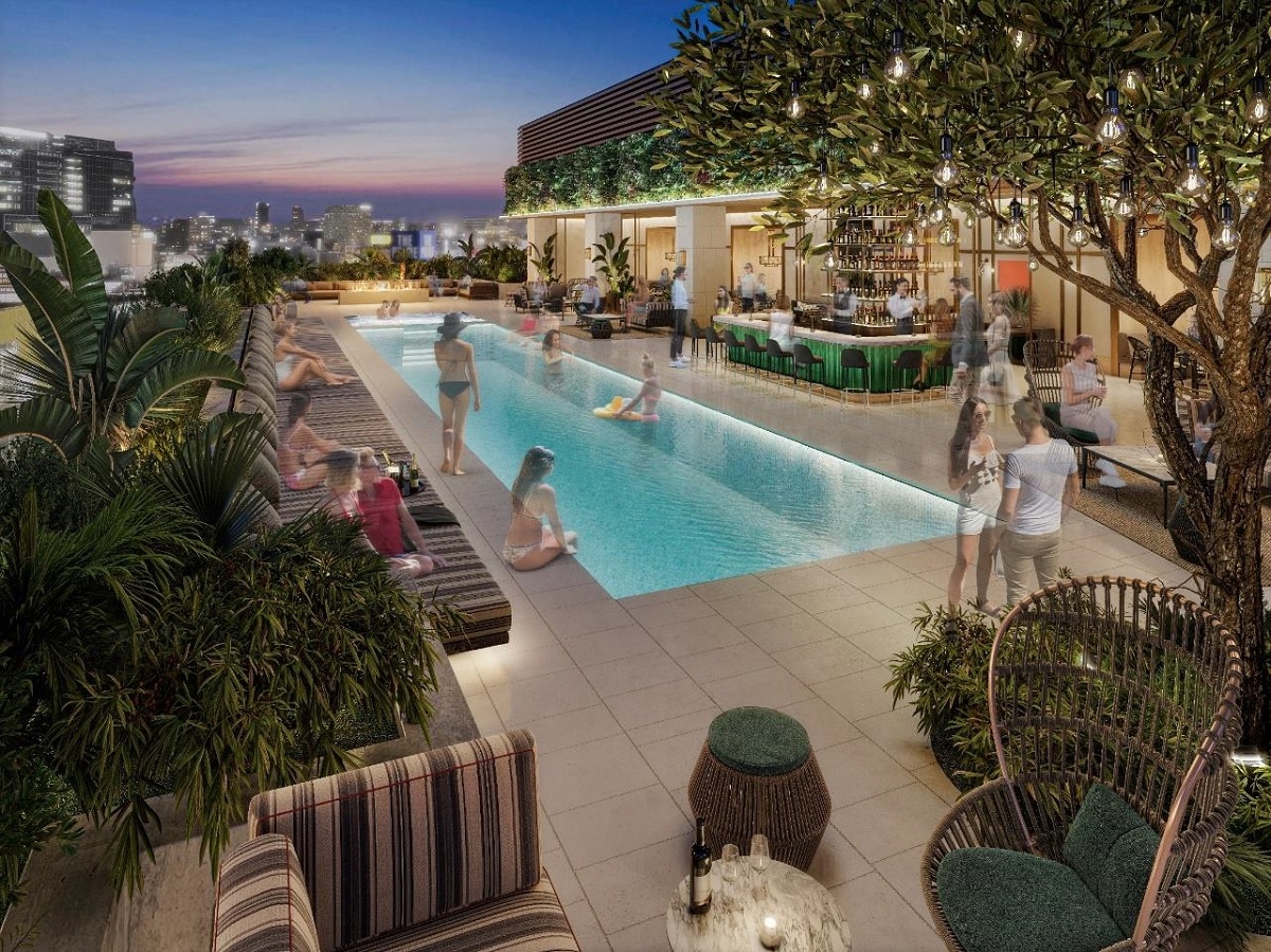 「TRUNK（HOTEL）DOGENZAKA（仮称）」のルーフトッププールのイメージ。渋谷では最大級の屋外プールになる（出所：三菱地所、テイクアンドギヴ・ニーズ）