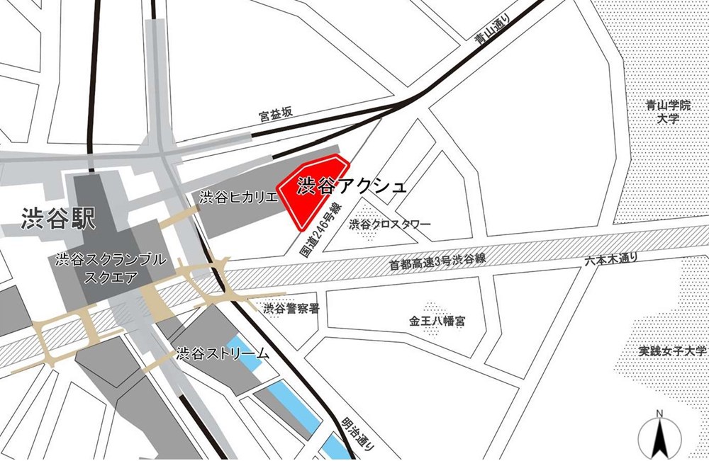 渋谷アクシュの位置（出所：渋谷二丁目17地区市街地再開発組合、東急）
