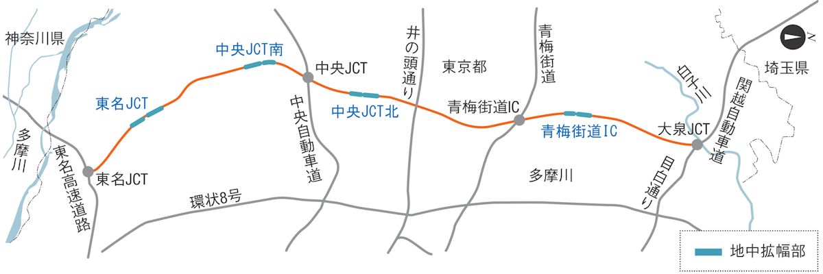 地中拡幅部の位置図（出所：国土交通省と高速道路会社の資料を基に日経クロステックが作成）