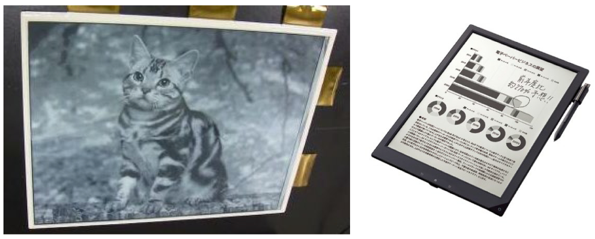 2009年に実証したフレキシブルa-Si TFT駆動e-Paper（写真左）と、この技術を用いた2013年発売のデジタルペーパー「DPT-S1」（写真右）