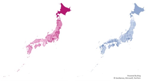 人口1万人当たりのコンビニ（左）と歯科診療所（右）の数を都道府県別に色分けして示したコロプレス図。濃い色は数が多いことを示す。人口当たりのコンビニ数は北海道が多い