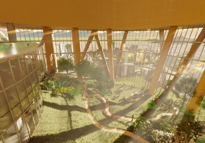 53階「スカイヒル(Sky Hill)」の完成イメージ。半屋外空間となる予定(出所:三菱地所設計)