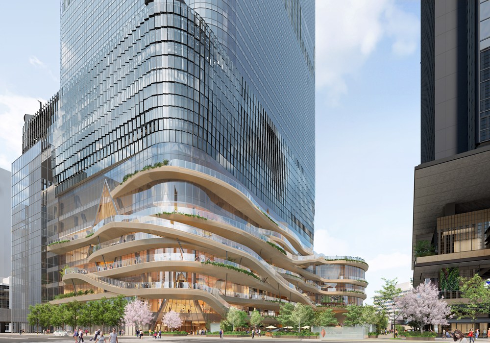 トーチタワーの足元を南東側から見上げたイメージ（出所：三菱地所設計）