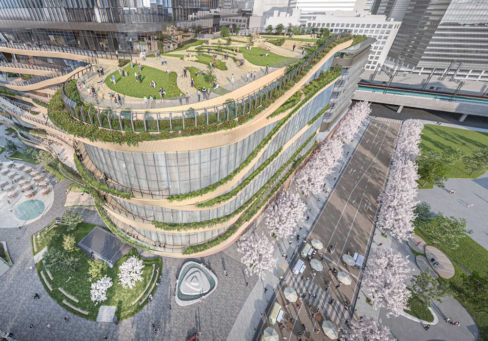 立体歩路「空中散歩道」を上空から見たイメージ。広場から建物へとにぎわいが連続していくような構想だ（出所：三菱地所設計）