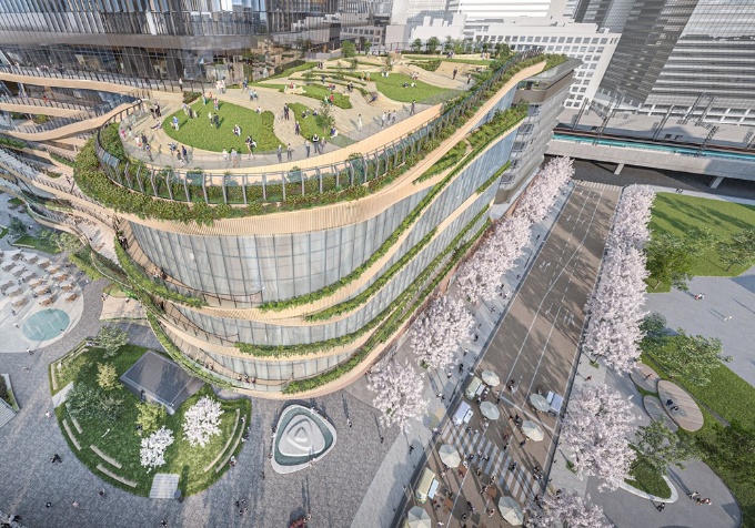 立体歩路「空中散歩道」を上空から見たイメージ。広場から建物へとにぎわいが連続していくような構想だ(出所:三菱地所設計)
