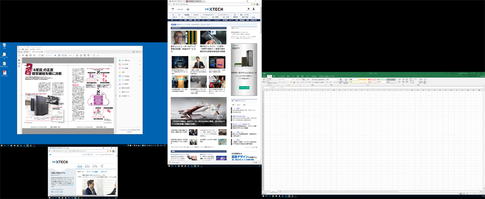 筆者の仕事PCのディスプレイ。外部ディスプレイを3台接続している。黒い部分は非表示領域。