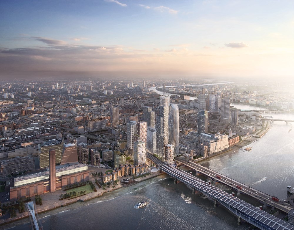 ロンドンのテムズ川南岸で、総事業費13億ポンド（約1700億円）を投じる民間再開発プロジェクト「Bankside Yards（バンクサイドヤード）」。PLPアーキテクチャーはマスタープランや6棟の設計を担う。23年にフェーズ1、27～28年ごろにフェーズ2が完成する予定だ（資料：PLP Architecture）