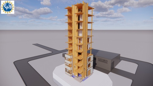 NHERI TallWood Projectに使用する10階建て木造試験体の外観パース（資料：NHERI TallWood Project Team）