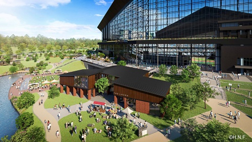 22年6月8日には、中核となる商業施設「THE LODGE(ザ・ロッジ)」を発表。設計・施工を三五工務店(札幌市)、共同設計を波多野・高山建築設計事務所(同)が担当する(資料:ファイターズ スポーツ&エンターテイメント)