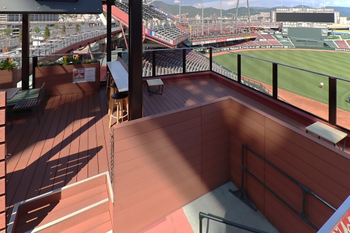 MAZDA Zoom-Zoomスタジアム広島に増設されたグループ用の客席コーナー。ユニークな趣向として知られるブリッジ上の客席（写真左奥）は開業時から設けられている部分（写真：本誌）