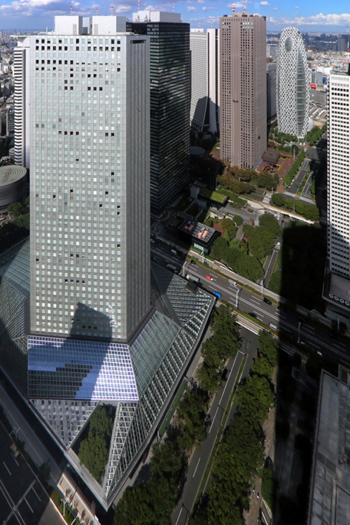 西新宿エリア。新宿駅前と新宿中央公園の間を結ぶ東西の軸線「4号街路」周辺を見下ろす(写真:日経クロステック)