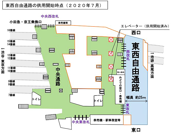 「新宿駅東西自由通路」整備後平面図（供用開始時点）（資料：JR東日本）