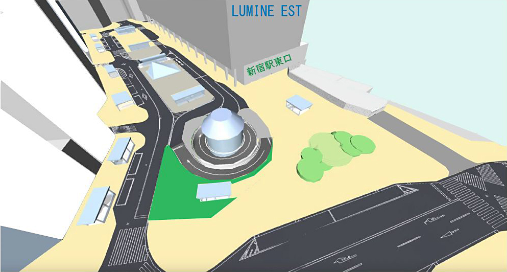 新宿駅東口駅前広場の整備イメージ（歩行者空間拡張）。全体完了は21年3月の予定（資料：JR東日本）