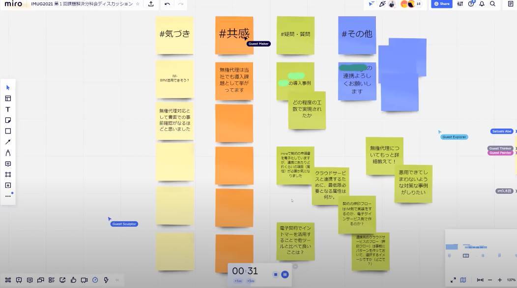 第1回課題解決分科会のグループワークで話し合っている様子。意見集約には米ミロのホワイトボードツール「Miro」を使った