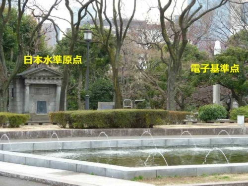 国会議事堂の前にある日本水準原点と、その隣に設置した電子基準点（写真：国土地理院）