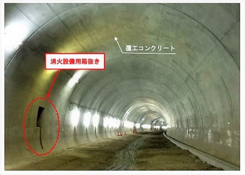 トンネル内壁の覆工コンクリートに消火設備用の箱抜きを設置（写真：中日本高速道路会社）
