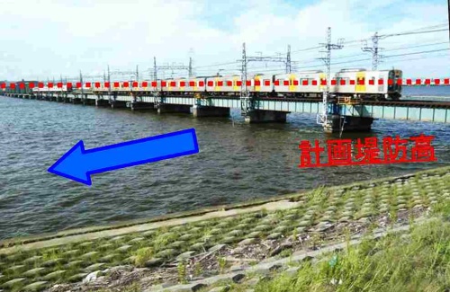 阪神なんば線の「淀川橋梁」。線路が計画堤防高（赤線）よりも低い位置にある（資料：国土交通省）