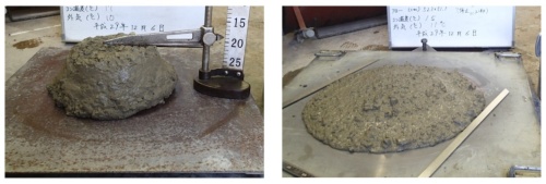 左は流動化剤を添加していないコンクリート（スランプは18cm）。右は流動化剤を添加したコンクリート（写真：戸田建設）