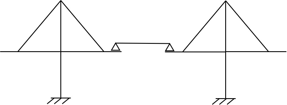 斜張橋部分の構造の模式図。独立した主塔間を単純桁でつないでいる。SOME TYPES OF TIED BRIDGE IN PRSTRESSED CONCRETE by Riccard Morandiを基に本誌が作成