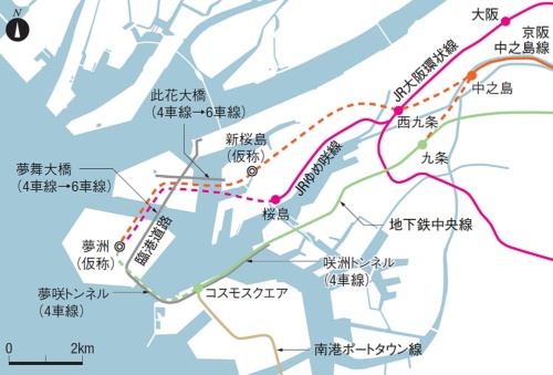 夢洲への鉄道延伸計画。実線は既存の路線で、破線は構想中のルート。道路橋の拡幅計画もある。大阪市の資料を基に日経コンストラクションが作成