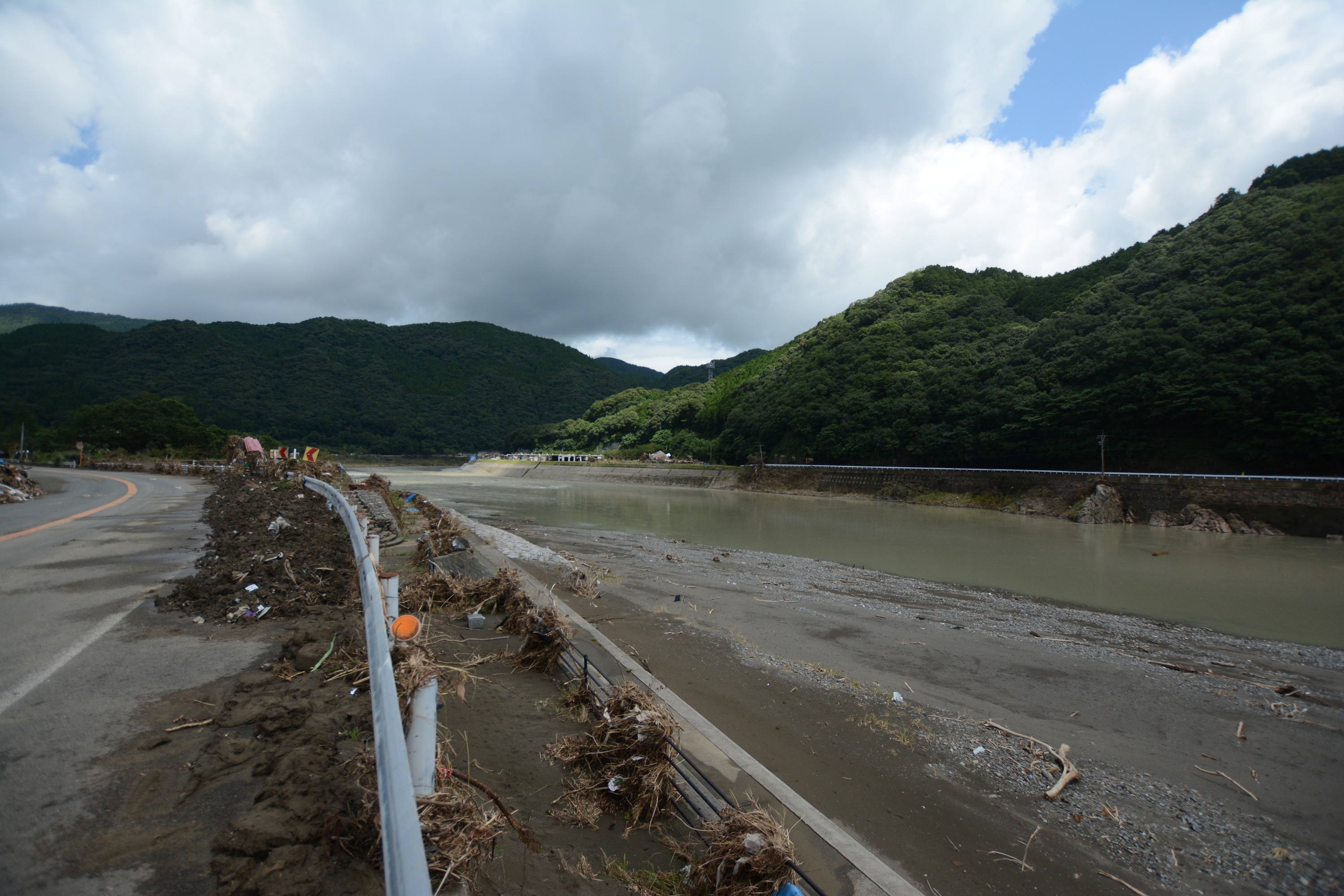 荒瀬ダム跡地の周辺は、堤防が低く開放的な景色が広がる。ガードレールには流木が絡まる。2020年7月21日に左岸から撮影（写真：日経クロステック）
