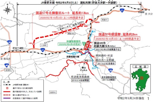 国道57号と北側復旧ルートが開通する。同じく熊本地震で被災した県道熊本高森線や村道栃の木~立野線は、大規模災害復興法に基づく国の直轄代行事業によって復旧を終えている(資料:国土交通省九州地方整備局)