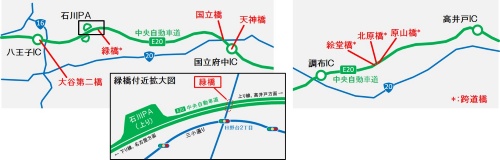 大島産業が施工した耐震補強工事。赤字で示した箇所が対象橋梁(資料:中日本高速道路会社)