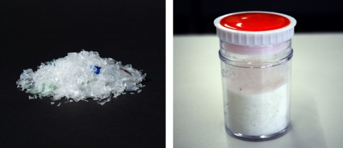 写真左は廃ペットボトルの粉砕後。右はそれに添加剤などを混ぜて作った特殊改質剤「NT－5000」（写真：花王、日経クロステック）