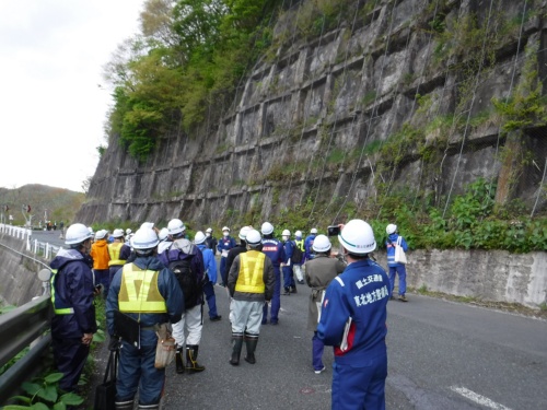 国道107号の法面の変状を調査する国土交通省の専門家ら(写真:岩手県南広域振興局北上土木センター)