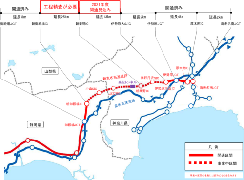 新東名高速道路の未開通区間と高松トンネルの位置図（資料：中日本高速道路会社）