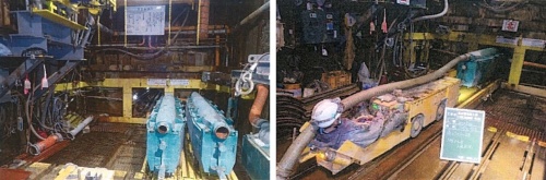 左の写真は、発進たて坑内の様子。右下の緑色の容器が土砂スキップ。右の写真は、バッテリー機関車（黄色い車両）を使い、土砂スキップを坑内へ搬送する様子（写真：大阪広域水道企業団）