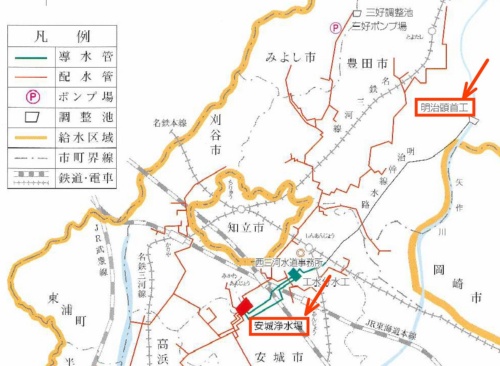 頭首工と浄水場の位置図（資料：愛知県）