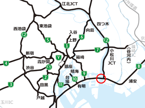 首都高速道路の路線図。赤丸は荒川湾岸橋の位置（資料：首都高速道路会社）