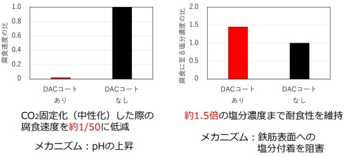 DACコートの有無による鉄筋の耐食性の比較（資料：北海道大学、清水建設）