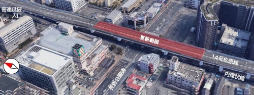 阪神高速道路の老朽橋を架け替える。赤色の着色部が対象箇所（資料：阪神高速道路会社）