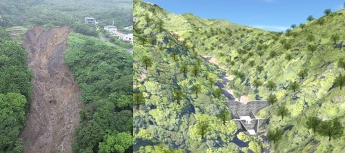 左は、2021年7月3日に崩落した逢初川の源頭部。右は、新設する砂防堰堤の完成予想図（写真・資料：国土交通省）