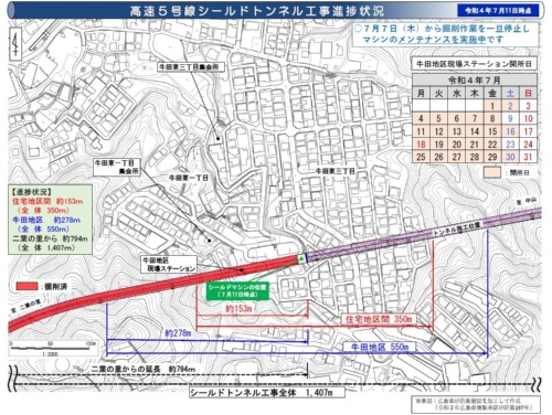 広島高速5号のシールドトンネル工事の進捗状況。2022年7月11日時点。その4日前の7月7日にシールド機の掘進を停止した。21年10月25日に住宅地区間に入ってから6度目の工事中断となった。図中の「二葉の里」はJR広島駅の北側の起点(資料:広島高速道路公社)