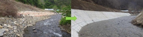 黒沢川の丸畑橋上の護岸復旧工事。右が完成時の様子（写真：長野県）