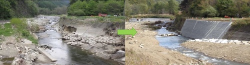 千曲川の小坂橋上の護岸復旧工事。右が完成時の様子（写真：長野県）