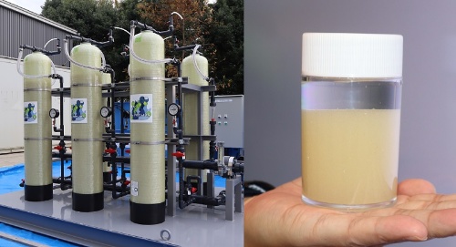 左は6気筒のイオン交換樹脂塔ユニット。右はユニット内部に入っているイオン交換樹脂本体で、汚染水を通すことでPFOSやPFOAを除去する（写真：日経クロステック）