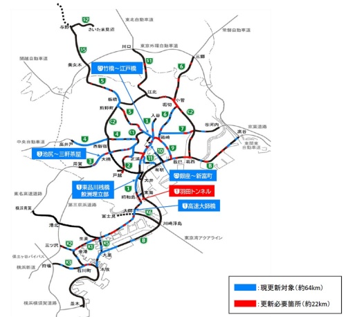 赤色が新たな更新計画の対象区間。首都高速道路の総延長約327kmのうちおよそ22kmが対象だ(出所:首都高速道路会社)
